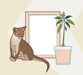 Vector Mock Up Wooden Frame, Sitting Abyssinian Cat And Avocado Plant. Interior Home Poster Mockup.