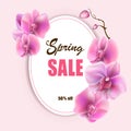 Vector mockup of banner beautiful spring pink orchids flower on background, layout for sale flyer, design illustration