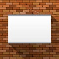 Vector mockup. Projector Screen hanging on a dark red brick wall. Empty blank.