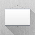Vector mockup. Projector Screen hanging on a gray wooden wall. Empty blank. Creative business interior template.