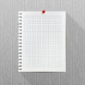 Vector mockup. Sheet of notebook paper with a red push pin hanging on a gray wooden wall. Empty blank. Wood texture Royalty Free Stock Photo