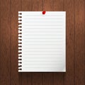 Vector mockup. Sheet of paper with a pin hanging on a brown wooden wall. Royalty Free Stock Photo