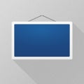 Vector mockup. Simple blue sign with long shadow hanging on a gray office wall. White rectangular frame. Empty blank.
