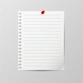 Vector mockup. White sheet of notebook paper with a red push pin hanging on a gray wall. Empty blank. Interior template