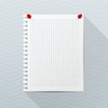 Vector mockup. White sheet of notebook paper with red push pins hanging on a gray office wall. Empty rectangular blank. Royalty Free Stock Photo