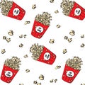 Vector modern cinema pattern. Cool pop corn boxes and corn explosion parts. Movie background. Entertainment weekend texture