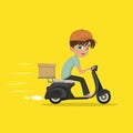 Vector modern creative delivery illustration featuring delivery man rinding black scooter, isolated Male character in Royalty Free Stock Photo