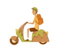 Vector modern creative flat design illustration featuring young man commuting on retro scooter. Man riding classic Royalty Free Stock Photo
