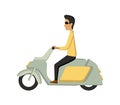 Vector modern creative flat design illustration featuring young man commuting on retro scooter. Man riding classic Royalty Free Stock Photo