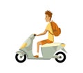 Vector modern creative flat design illustration featuring young man commuting on retro scooter. Man riding classic Royalty Free Stock Photo