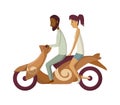 Vector modern creative flat design illustration featuring young man commuting on retro scooter. Man riding classic Royalty Free Stock Photo