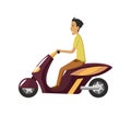 Vector modern creative flat design illustration featuring young man commuting on retro scooter. Man riding classic Royalty Free Stock Photo