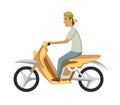 Vector modern creative flat design illustration featuring young man commuting on retro scooter. Man riding classic Royalty Free Stock Photo