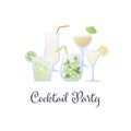 Vector modern flat cocktail party banner illustration template. Set of color alcoholic cocktails in glasses icons isolated on Royalty Free Stock Photo