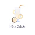 Vector modern flat cocktails illustration. Pina colada cocktail in glass with straw and coconut slice isolated on white. Design Royalty Free Stock Photo