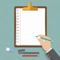 Vector modern flat design on hand holding pencil with empty sheet of paper . Classic brown clipboard with blank white paper