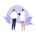 Vector modern flat doctor and patient illustration. Female medic talking with pregnant woman on blue liquid shape isolated on Royalty Free Stock Photo