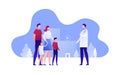 Vector modern flat family doctor illustration. Parents with child female visiting hospital on landscape building background.