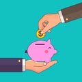 Vector modern flat illustration on hand putting coin into the money box. Happy piggy bank receiving a coin. Savings Royalty Free Stock Photo