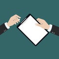 Vector modern flat illustration on hands holding clipboard with empty sheet of paper and pencil | Clipboard with blank paper and