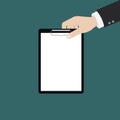 Vector modern flat illustration on hands holding clipboard with empty sheet of paper and pencil | Clipboard with blank paper and