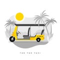 Vector modern flat illustration tuk tuk auto rickshaw tricycle taxi service, palm on sun. Hot summer exotic destination vacation,