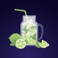 Vector modern flat mojito cocktail illustration. Decanter with green lime, mint and ice drink isolated on gradient blue background