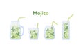 Vector modern flat mojito cocktail illustration set. Green color glass with classical mohito drink with text isolated on white. Royalty Free Stock Photo