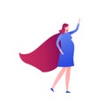 Vector modern flat mother super hero illustration. Pregnant female in blue dress and red cape in strong pose isolated on white.