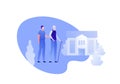 Vector modern flat nursing house person illustration. Couple of male elderly senior and caregiver on home building outdoor