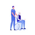 Vector modern flat nursing house person illustration. Couple of male elderly senior sitting on wheel chair and caregiver isolated