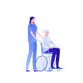 Vector modern flat nursing house person illustration. Couple of woman elderly lady sitting on wheelchair and caregiver isolated on Royalty Free Stock Photo