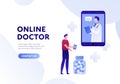 Vector modern flat online doctor banner template. Smartphone with doctor and patient with pills on white background with fluid