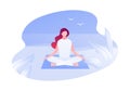 Vector modern flat outdoor meditation character illustration. Young woman meditate sitting in yoga lotus on beach background.