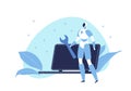 Vector modern flat robot engineer character illustration. Android with wrench and laptop on blue shape background with leafs on