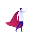 Vector modern flat superhero person illustration. Male doctor in uniform cloak with red cape standing isolated on white background