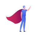 Vector modern flat superhero person illustration. Male surgeon doctor in blue uniform with red cloak standing isolated on white