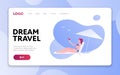 Vector modern flat web beach travel banner template. Young female laying on deckchair under umbrella holding cocktail on fluid Royalty Free Stock Photo