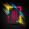 Vector modern frame with geometric neon glowing lines isolated on black background. Art graphics with glitch effect