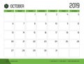 Vector of modern green calendar 2019 October in simple clean