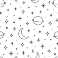 Vector modern hand drawn vector seamless pattern of planets, moon, stars. Universe line drawings background. Trendy space signs