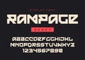 Vector modern heavy display font named Rampage, blocky typeface, futuristic uppercase letters and numbers, alphabet.
