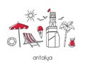 Vector modern illustration Antalya Turkey with hand drawn doodle turkish symbols.