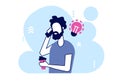 Vector of a modern looking man holding paper cup with coffee and chatting on mobile phone