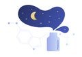 Vector modern melatonin treatment banner template. Blue gradient night sky illustration and hormone structure and drug bottle