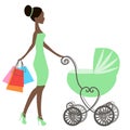 Vector of modern mommy with vintage baby carriage, online store, logo, silhouette, sale Royalty Free Stock Photo