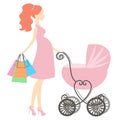 Vector modern pregnant mommy with pink vintage baby carriage, woman shopping online store, logo, silhouette, Royalty Free Stock Photo