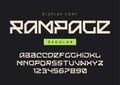 Vector modern regular display font named Rampage, blocky typeface, futuristic uppercase letters and numbers, alphabet.