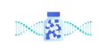 Vector modern style medication symbol. Blue gradient bottle of pills with dna spiral on back isolated on white. Concept of gene Royalty Free Stock Photo