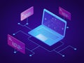 Vector modern techno isometric illustration. A laptop with a network of information links. Computer programming and Royalty Free Stock Photo